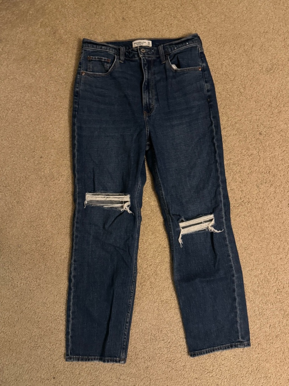 Abercrombie High-Rise Distressed Dark Wash Straight Jeans